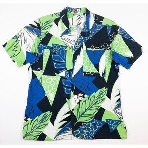Vintage Camp Beverly Hills Hawaiian Shirt Men's Large Green Blue Floral 90s